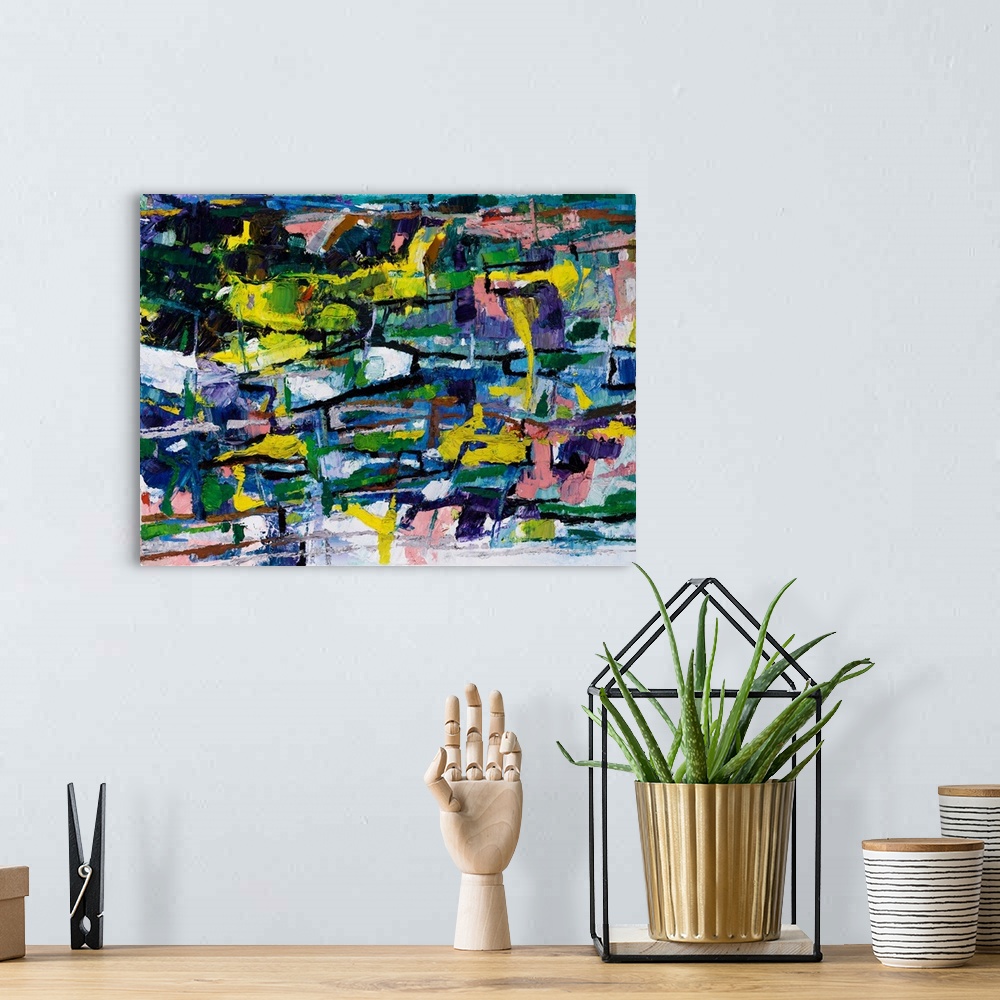 A bohemian room featuring An abstract painting of a play of tonal variations and forms coupled voids.
