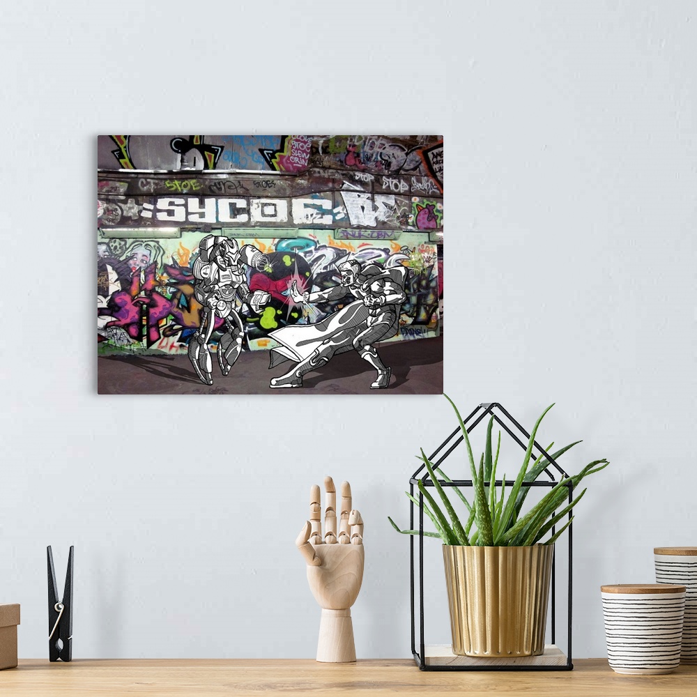 A bohemian room featuring Graffiti photograph with illustration of a superhero fighting a robot.