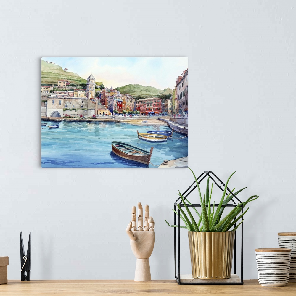 A bohemian room featuring Landscape watercolor painting of Vernazza, Cinque Terre, Italy