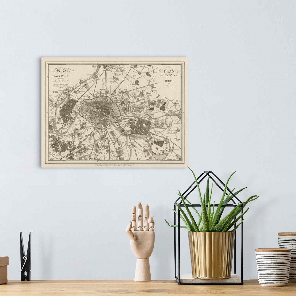A bohemian room featuring Vintage map on canvas of the city of Paris, France from 1805.