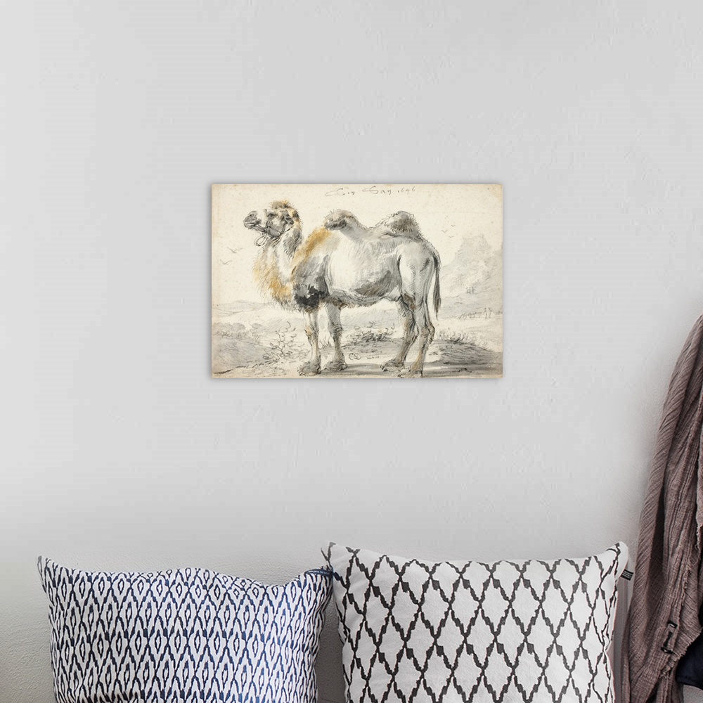 A bohemian room featuring A camel, black chalk, over brush and gray wash, with touches of brown and ochre chalk and ochre c...