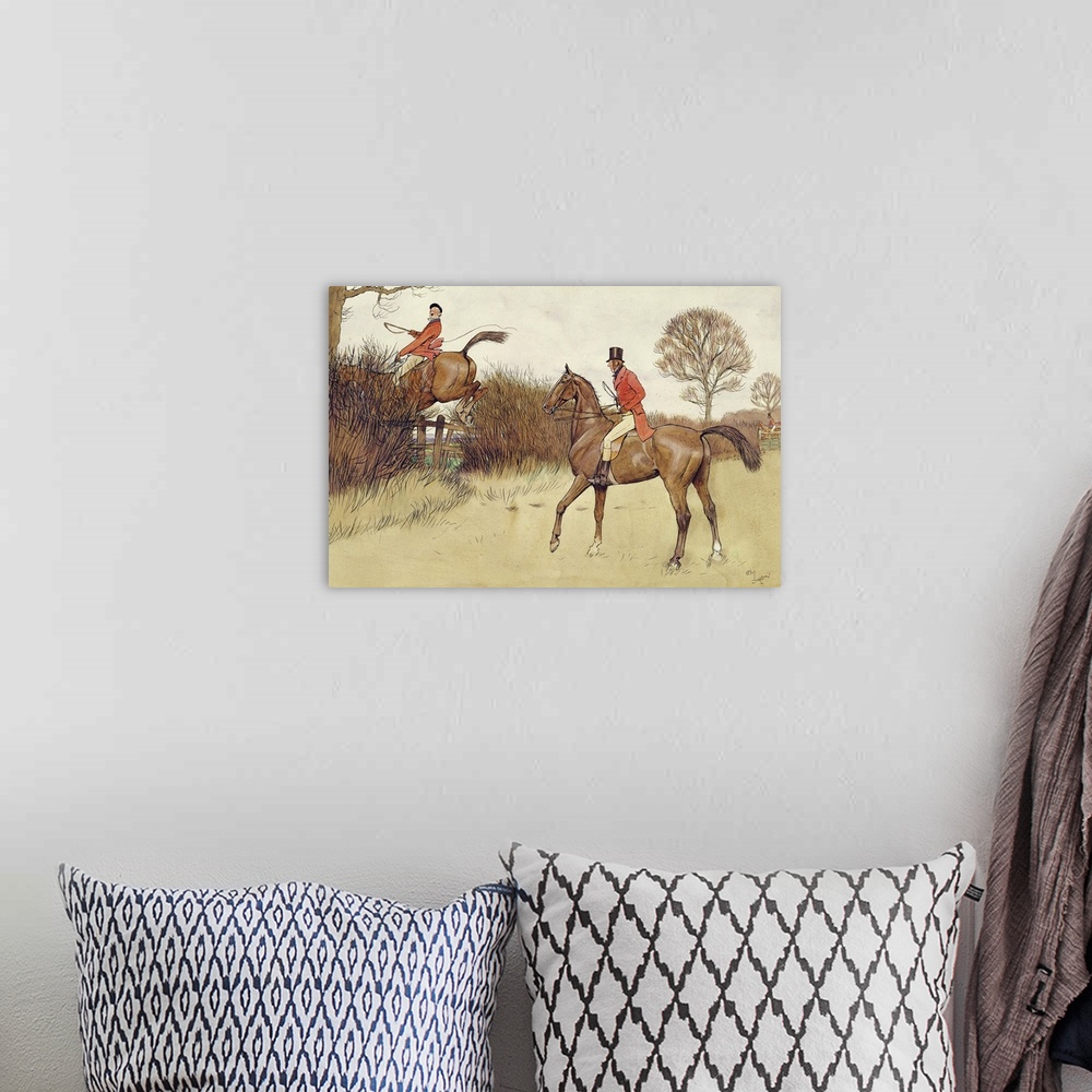 A bohemian room featuring Hunting scene in graphite, pen and ink, and watercolor on paper.
