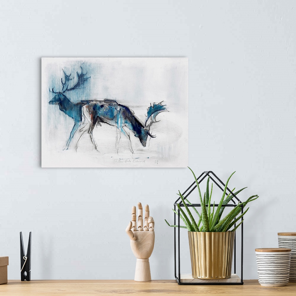 A bohemian room featuring Charcoal drawing of two deer silhouettes.