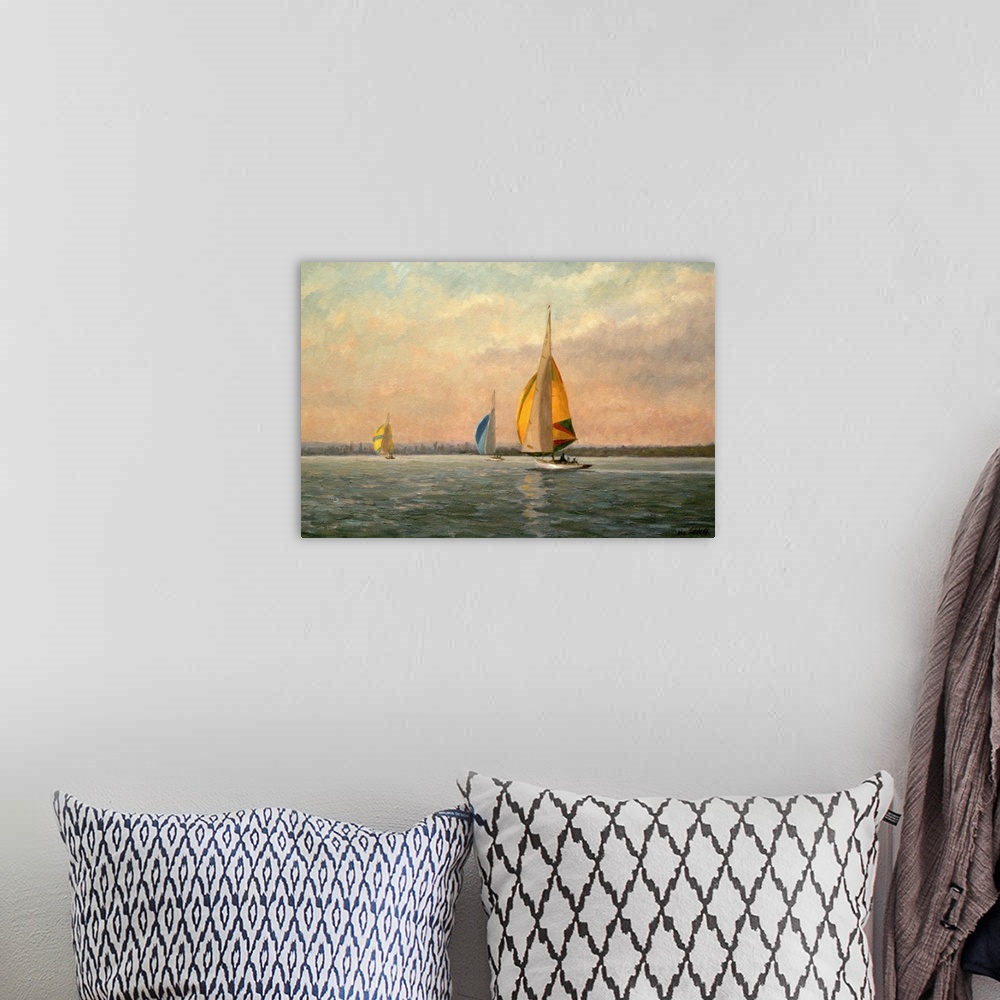 A bohemian room featuring Painting of sail boats on water with horizontal brush strokes. The sky is multi colored with vert...
