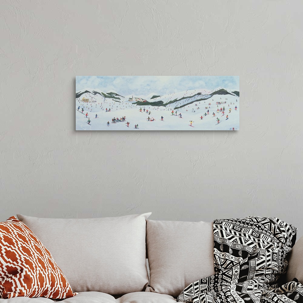 A bohemian room featuring Contemporary painting of people enjoying  the snow in a hilly landscape.