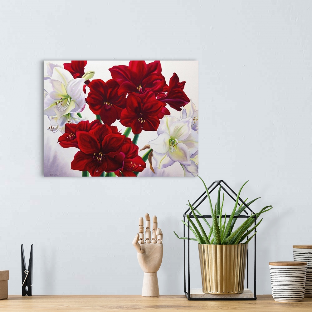 A bohemian room featuring Contemporary painting of a bouquet of amaryllis flowers.