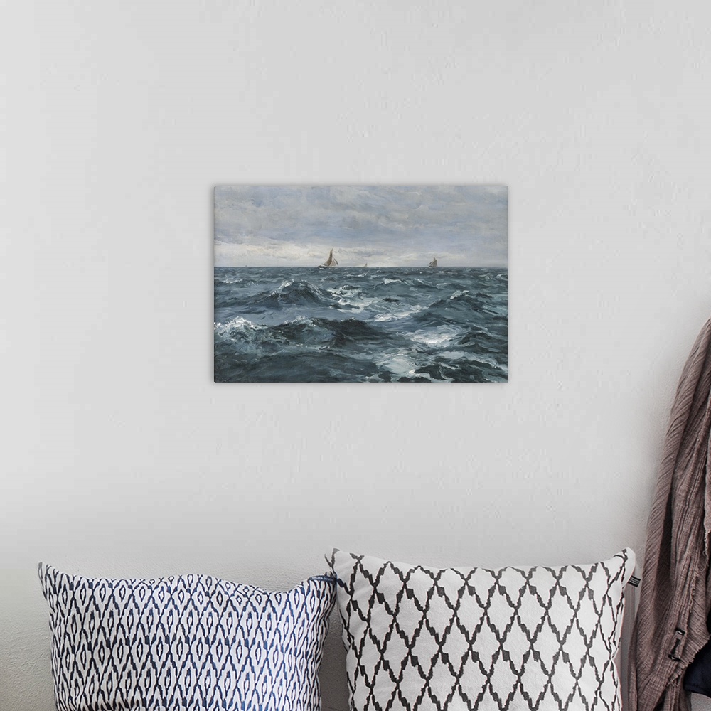 A bohemian room featuring Sail on a Rough Sea, oil on canvas.