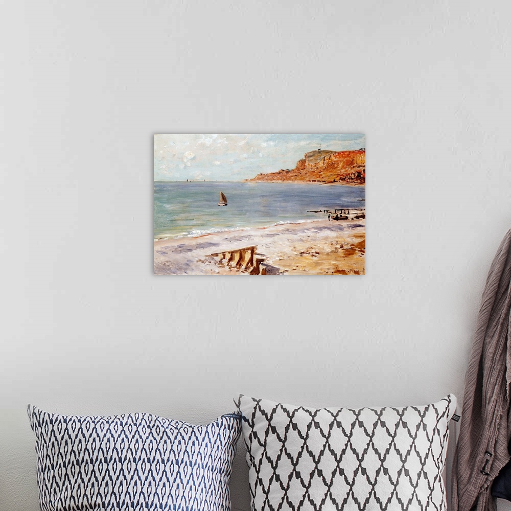 A bohemian room featuring Large oil painting of an ocean scene with cliffs on the right and boats sailing in the water on t...