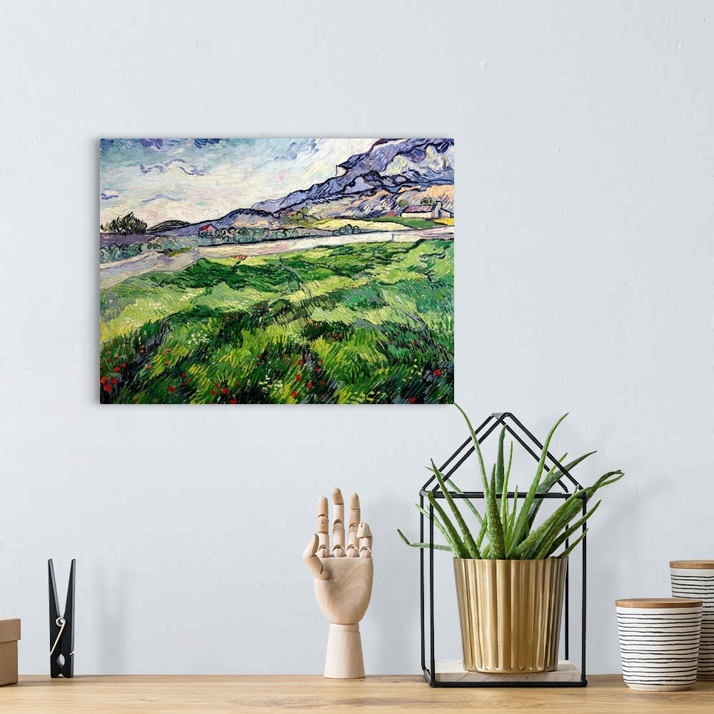 A bohemian room featuring Docor perfect for the home of a classic art piece that paints a large field next to a river with ...