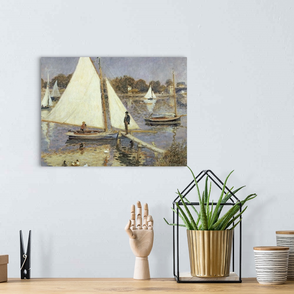 A bohemian room featuring Landscape, classic wall painting of sailboats on the water in Argenteuil, Paris, France.  A man s...