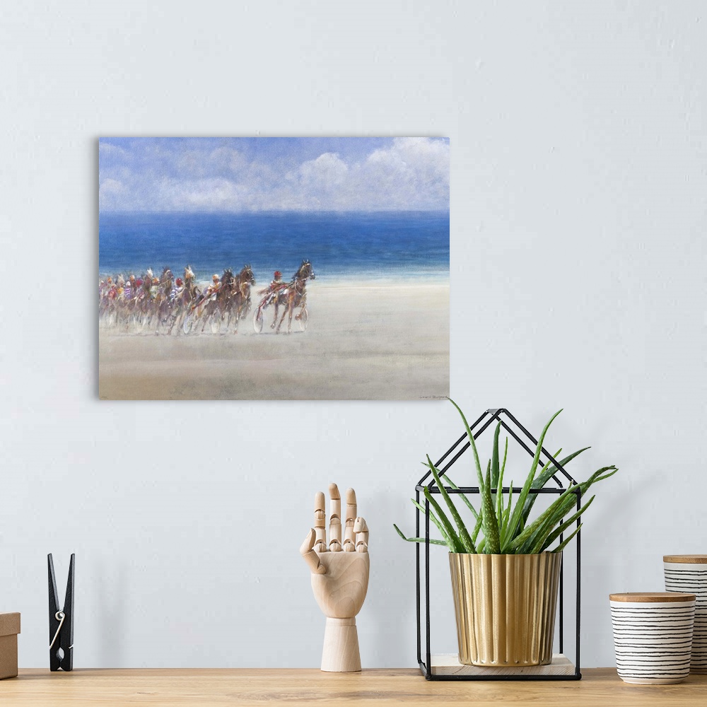 A bohemian room featuring Contemporary painting of a horse cart race on the beach in Brittany, France.