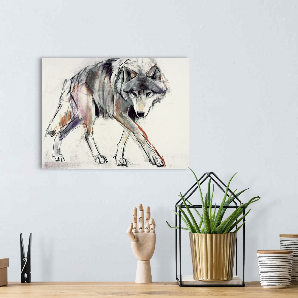 A bohemian room featuring A sketchy, gestural drawing of a wolf on horizontal wall art.