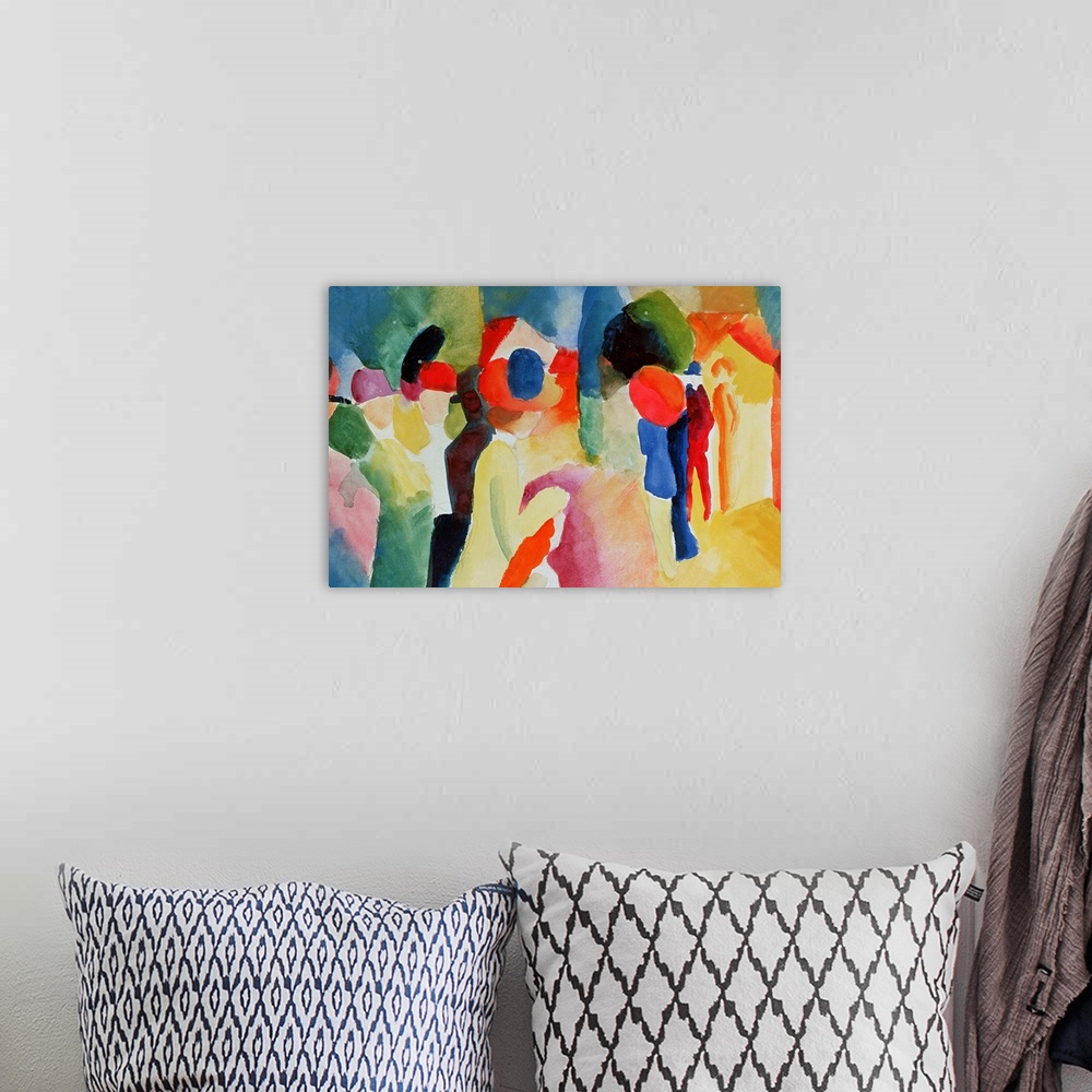 A bohemian room featuring Painting of several people moving down a crowded street.  The people are simple figures created f...