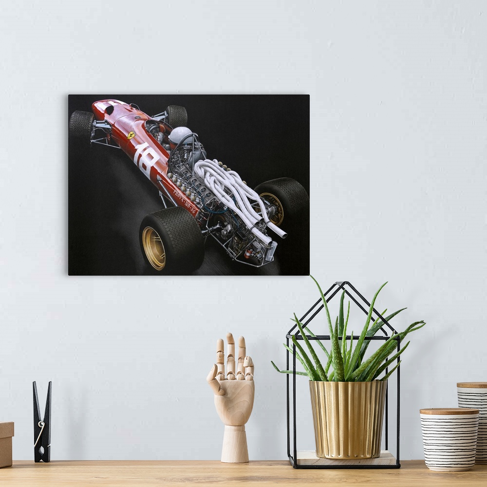 A bohemian room featuring Illustration of a Formula One car on a black background, highlighting the back engine.