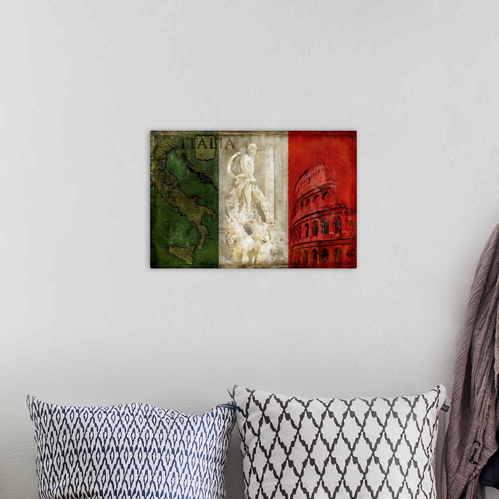 A bohemian room featuring Weathered flag of Italy with illustrations of famous landmarks on top.