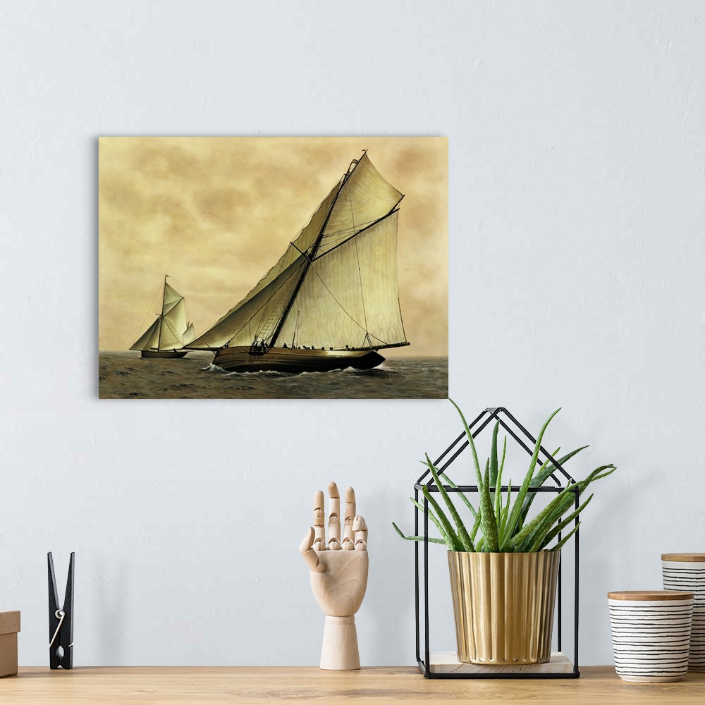 A bohemian room featuring Contemporary painting of sailboats in the middle of the ocean with the wind blowing to the right.