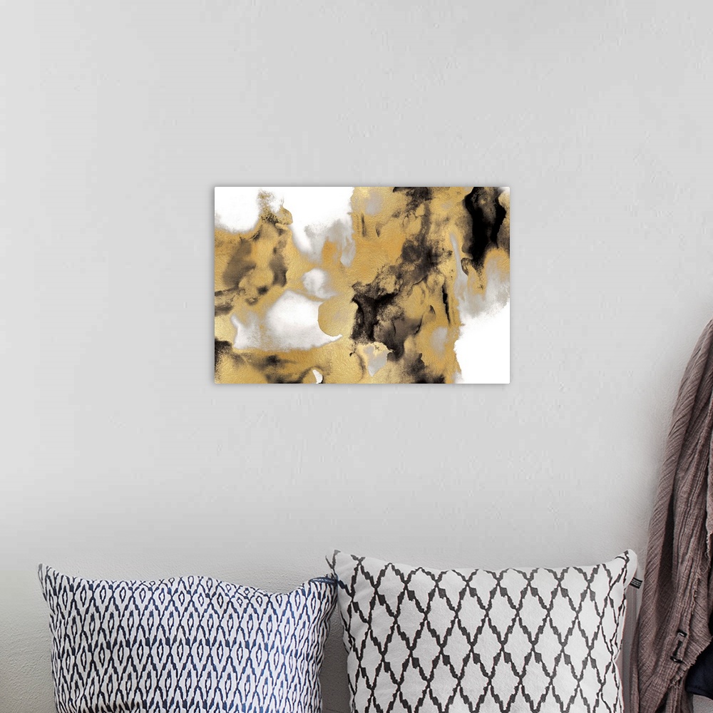 A bohemian room featuring Abstract painting with black, gray, and metallic gold on a white background.