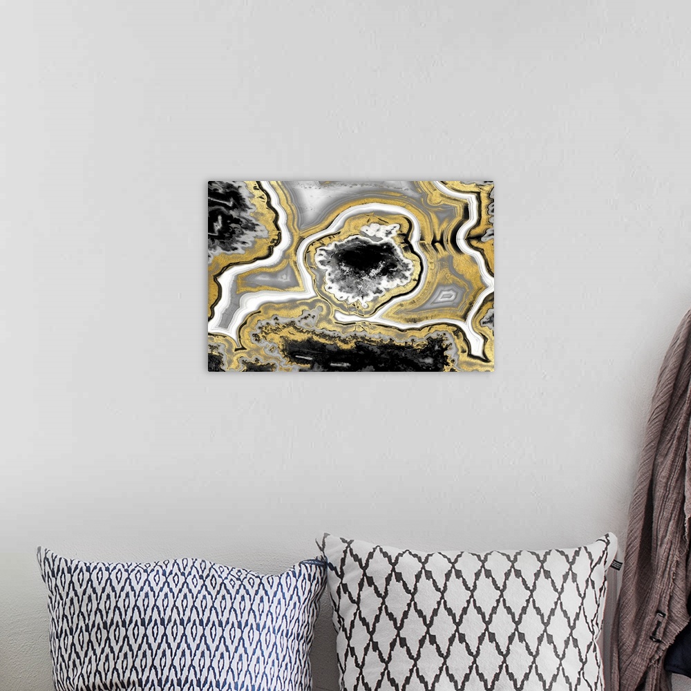 A bohemian room featuring Decor with a gold, white, black, and gray agate pattern.