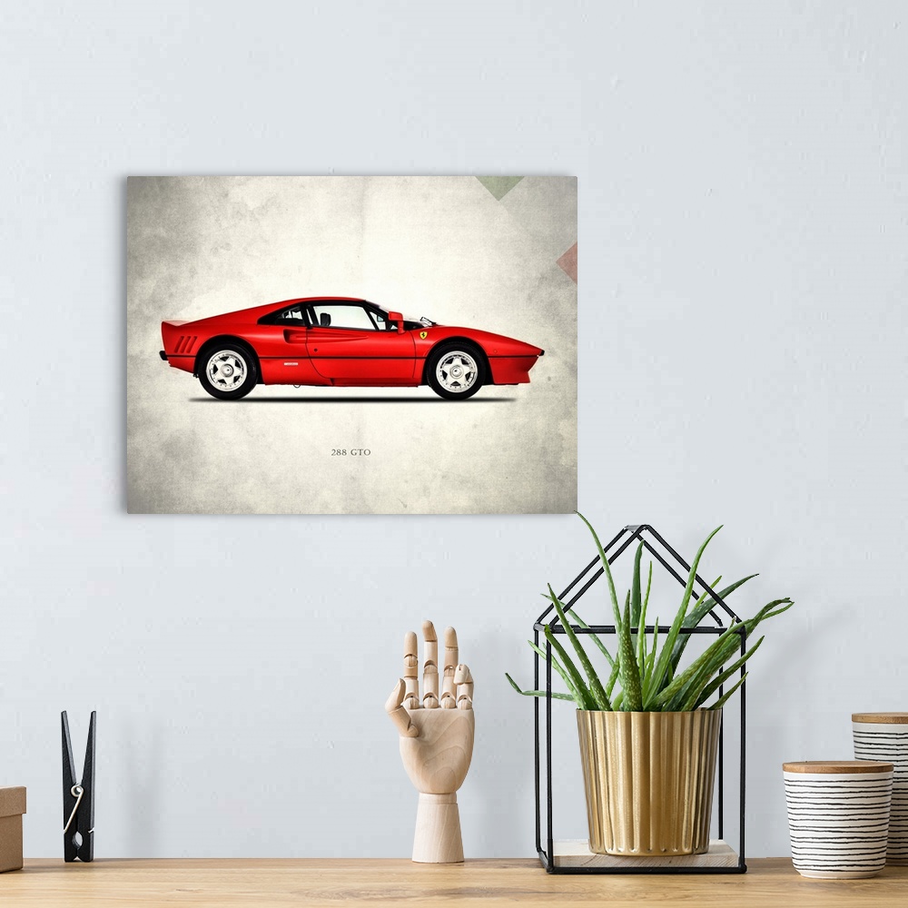 A bohemian room featuring Photograph of a red Ferrari 288 printed on a distressed white and gray background with part of th...