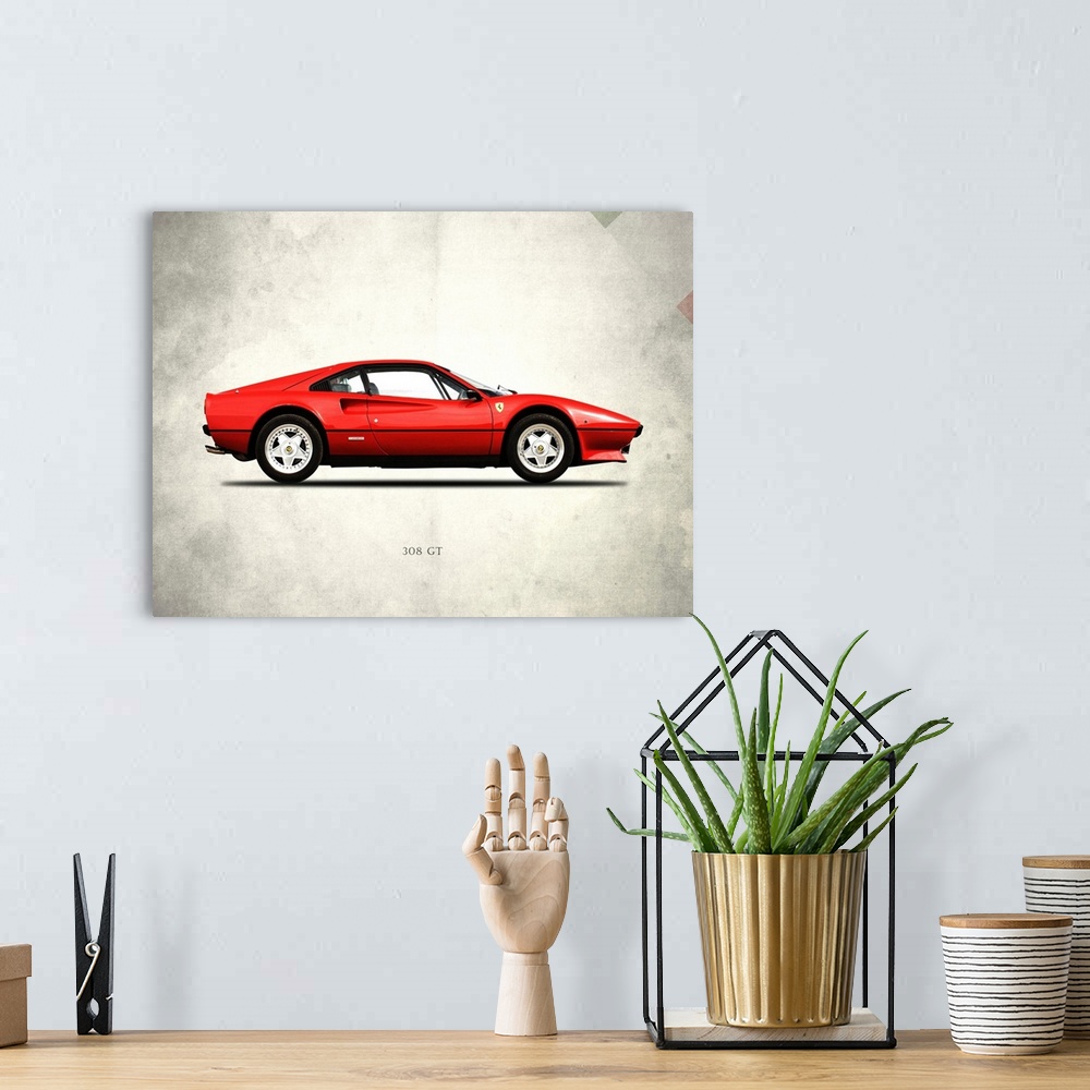 A bohemian room featuring Photograph of a red Ferrari 308GT Berlinetta 1977 printed on a distressed white and gray backgrou...