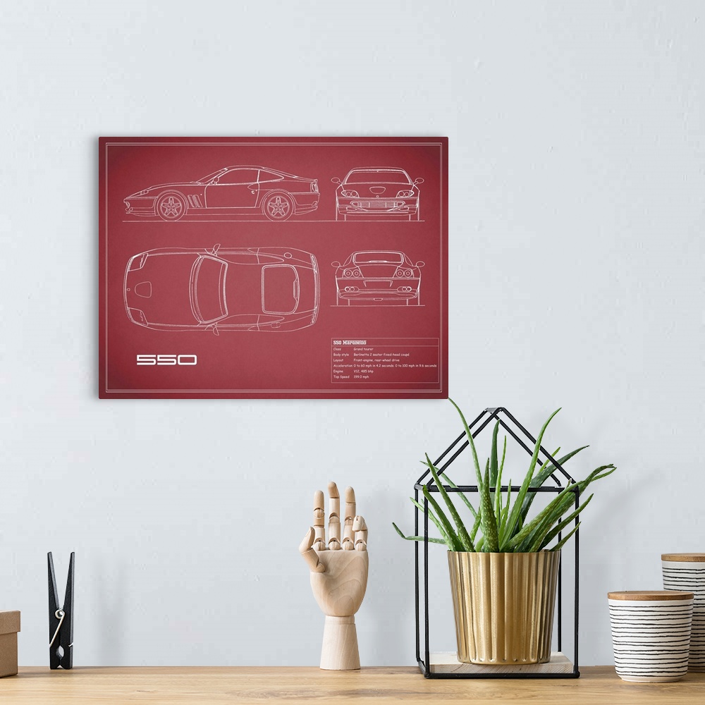 A bohemian room featuring Antique style blueprint diagram of a Ferrari 550 printed on a Maroon background.