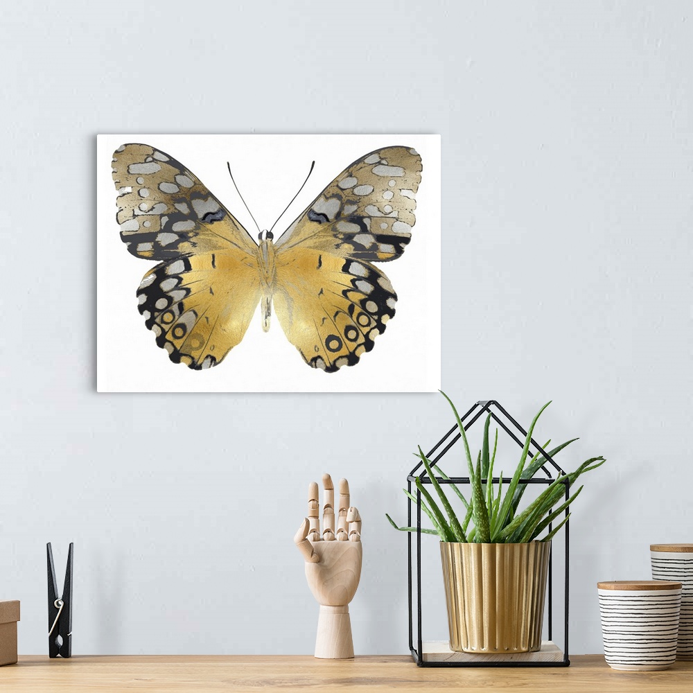 A bohemian room featuring Illustration of a gold, silver, and black butterfly on a white background.