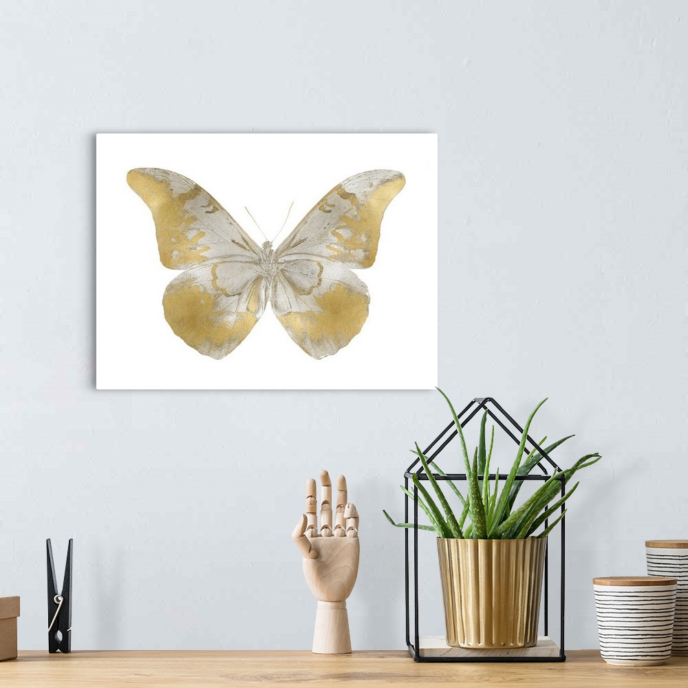 A bohemian room featuring Illustration of a gold and silver butterfly on a white background.