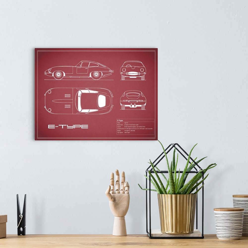 A bohemian room featuring Antique style blueprint diagram of a Jaguar C Type printed on a Maroon background