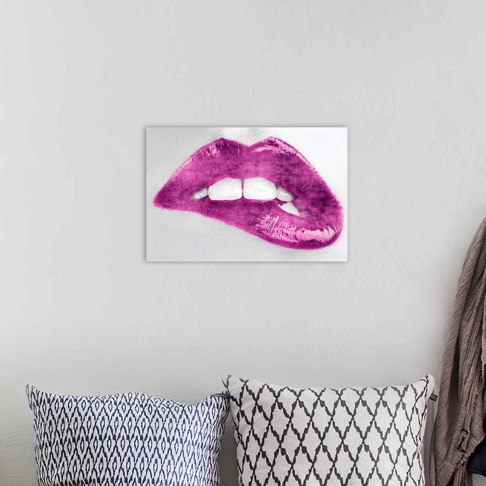 A bohemian room featuring Close up of a woman biting her lip with bright pink lipstick