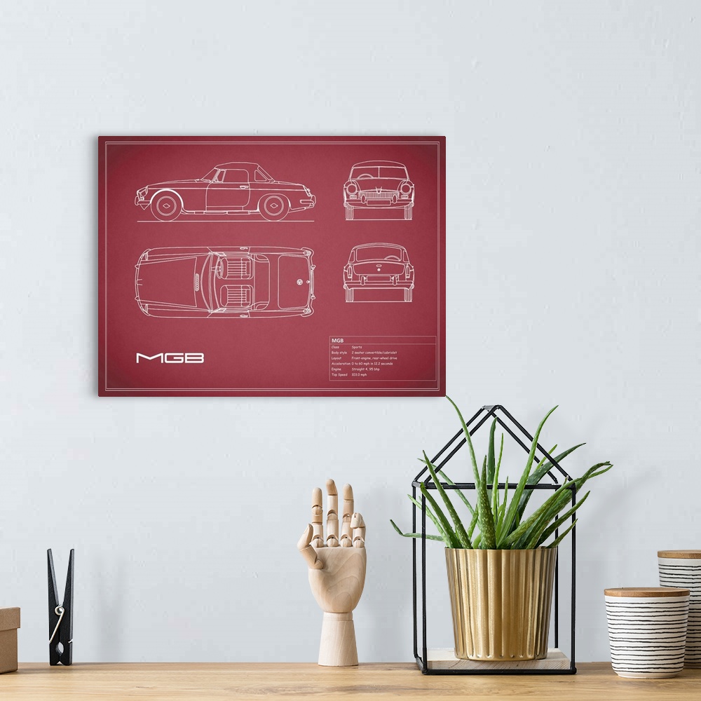 A bohemian room featuring Antique style blueprint diagram of a MGB printed on a red background.