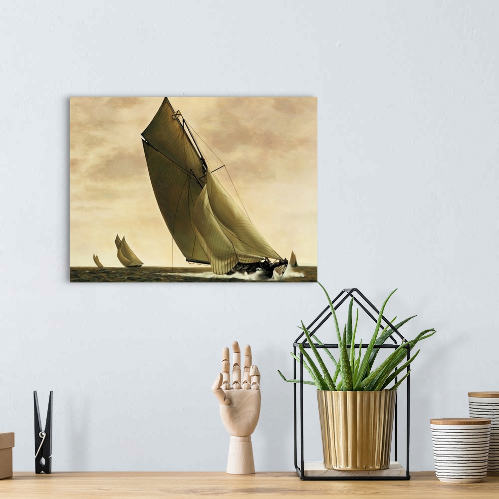 A bohemian room featuring Contemporary painting of sailboats in the middle of the ocean with the wind blowing to the left.