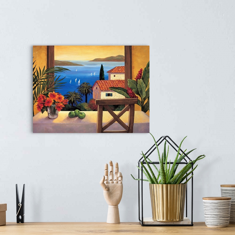 A bohemian room featuring Contemporary painting of a view out of a window and onto the ocean with sailboats sailing.