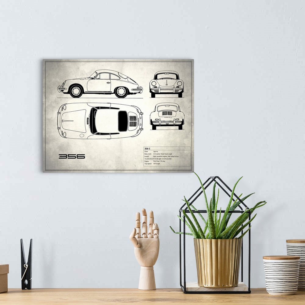 A bohemian room featuring Antique style blueprint diagram of a Porsche 356C printed on a weathered white and gray background.