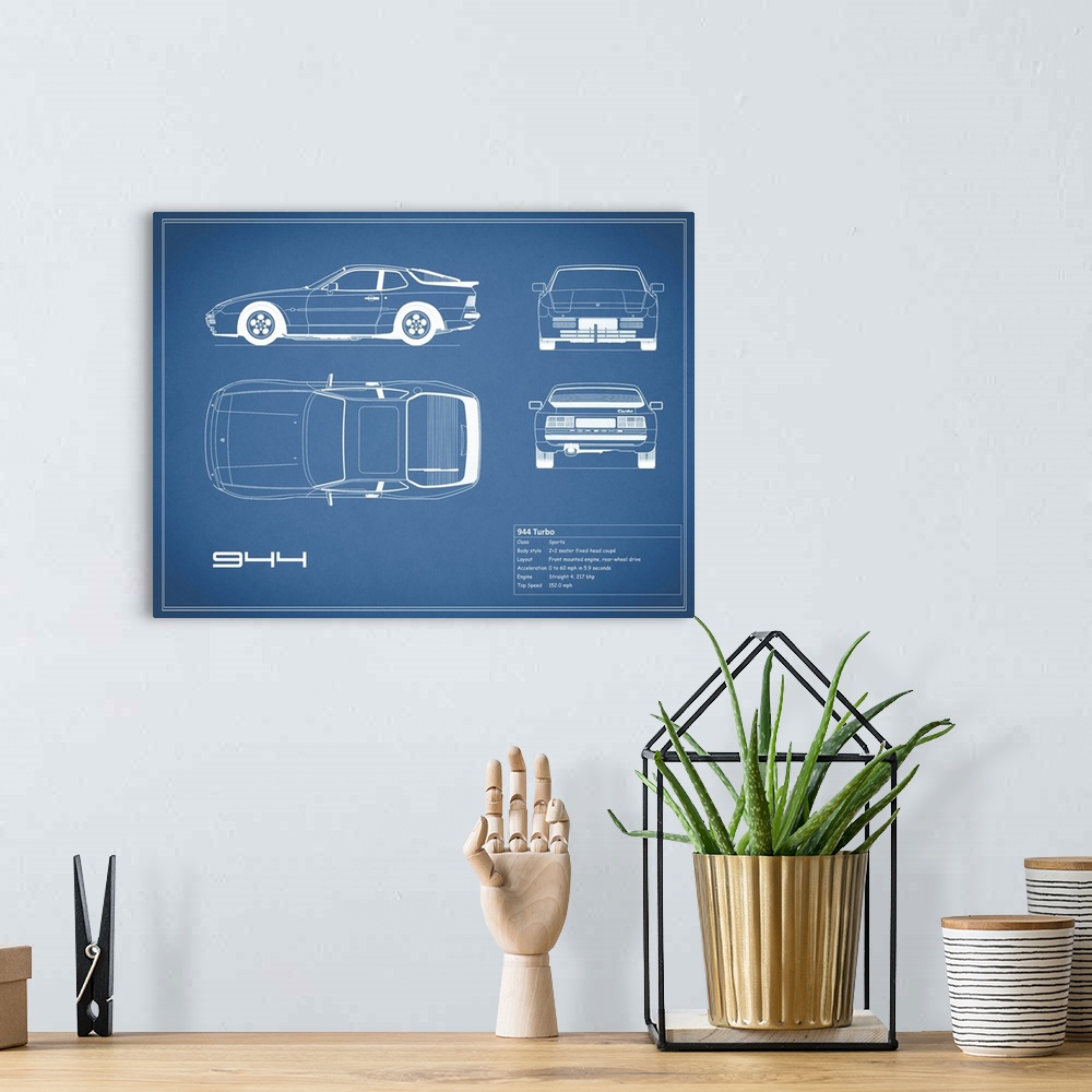A bohemian room featuring Antique style blueprint diagram of a Porsche 944 Turbo printed on a Blue background