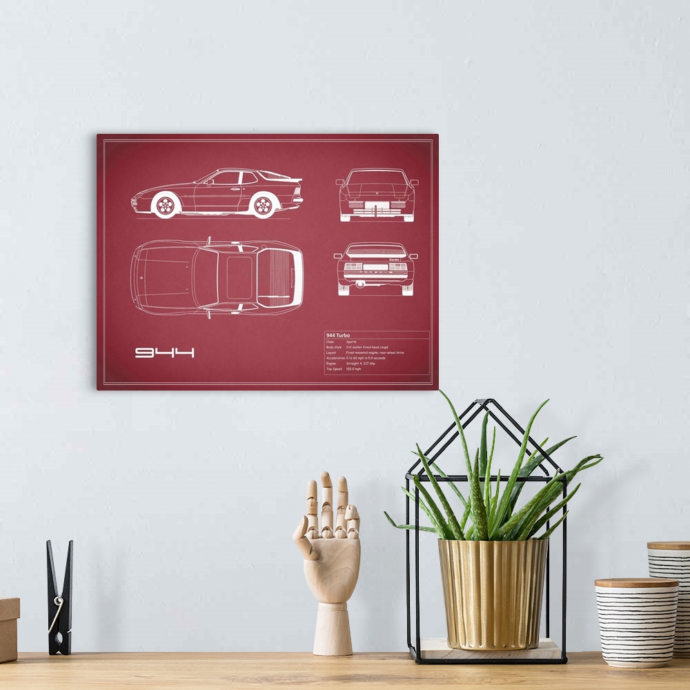 A bohemian room featuring Antique style blueprint diagram of a Porsche 944 Turbo printed on a Maroon background