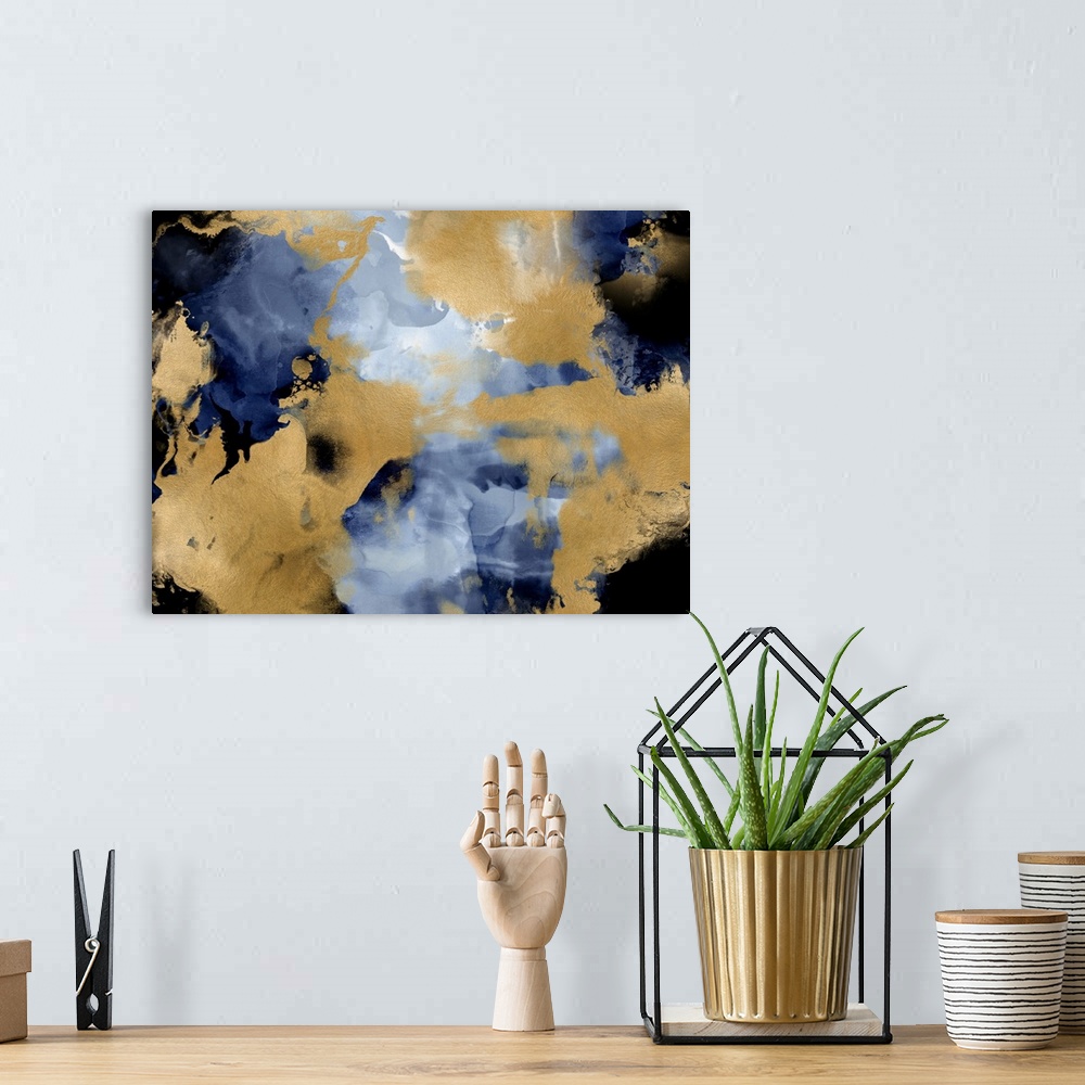 A bohemian room featuring Abstract painting with black and metallic gold on an indigo and white background.