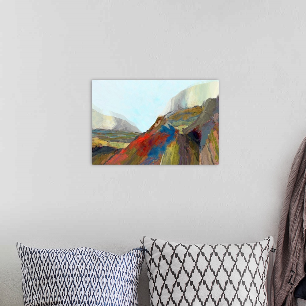 A bohemian room featuring Colorful large abstract art with transparent-like hues resembling mountains and sky.