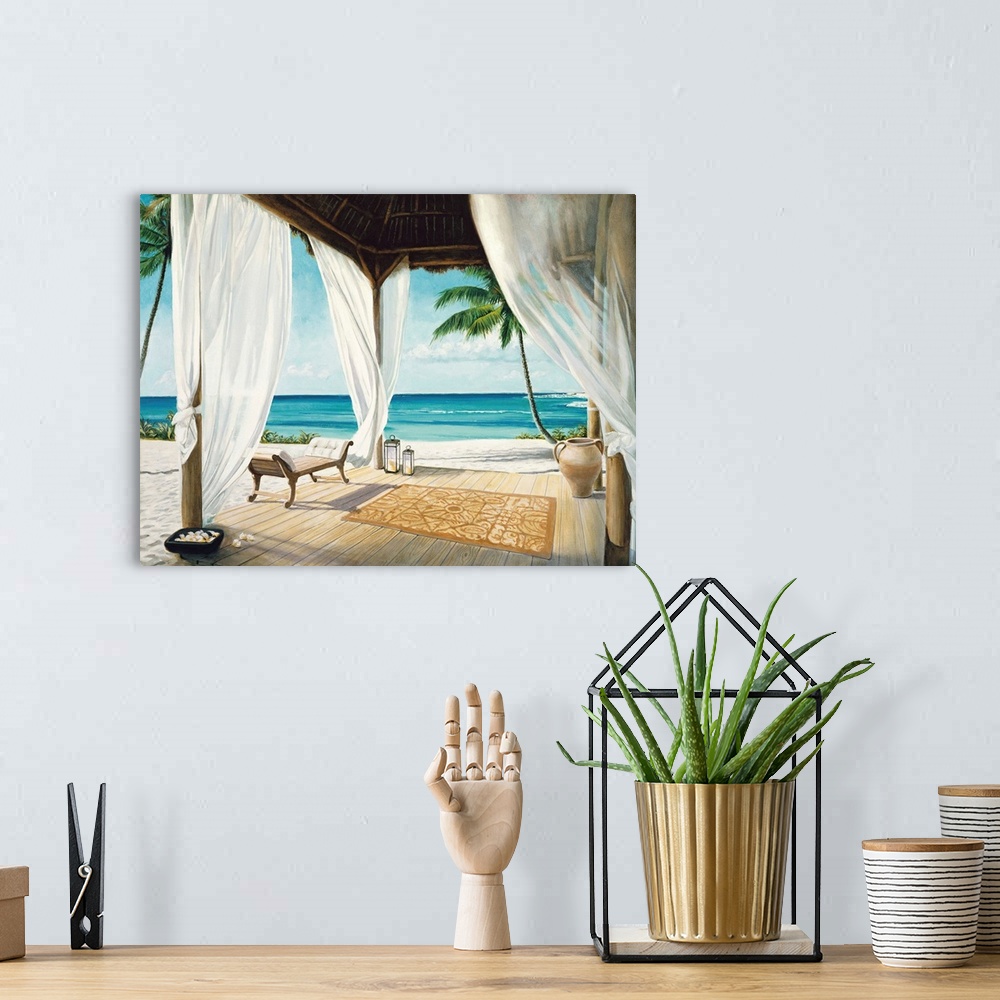 A bohemian room featuring Contemporary painting of a relaxing beach setting with a veranda on a beautiful day.
