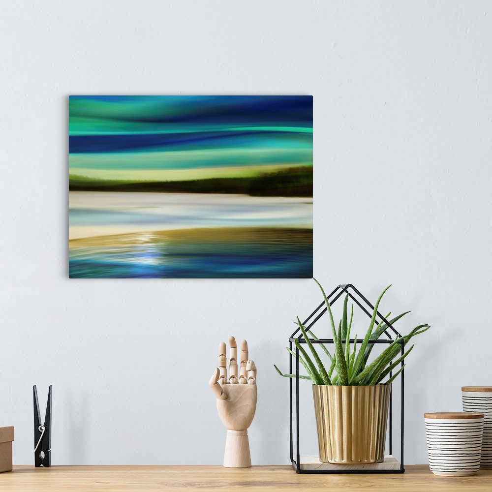 A bohemian room featuring Large abstract art with wavy lines and what seems like a horizon line lined with trees in the cen...