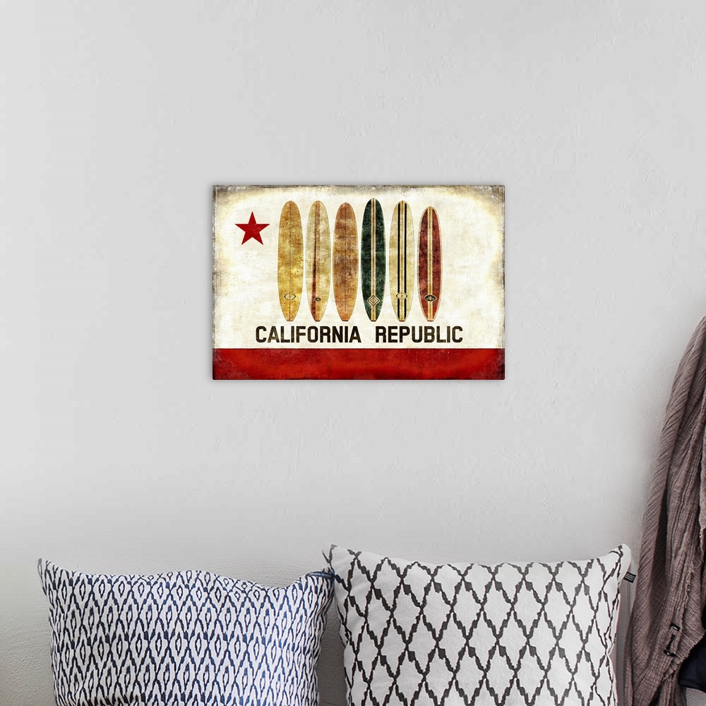 A bohemian room featuring The California state flag with surf boards instead of the grizzly bear.