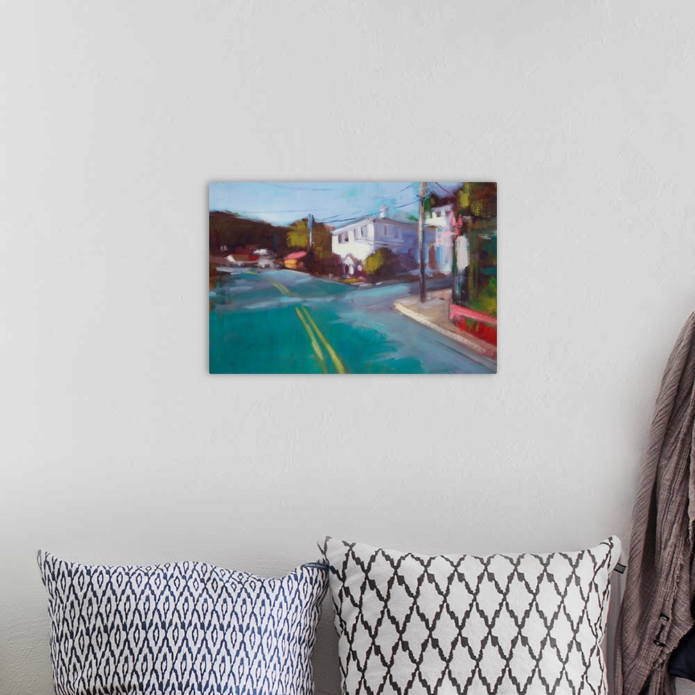 A bohemian room featuring Contemporary painting of intersecting roads in a neighborhood surrounded by houses.