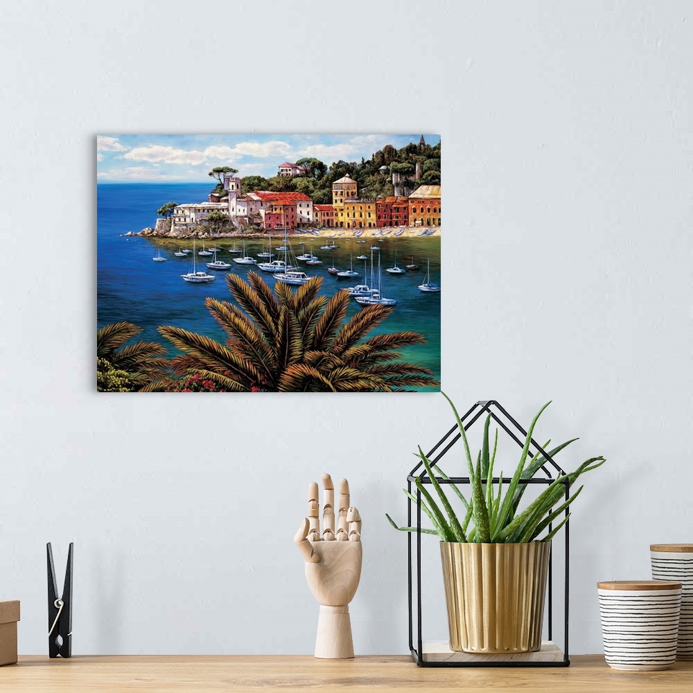 A bohemian room featuring Contemporary painting with a view of the village, boats, and water on the Tuscan coast.