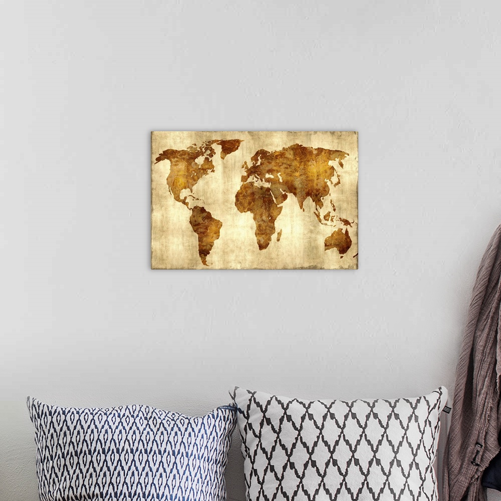 A bohemian room featuring Rustic map of the World with no labeling in bronze and gold hues.