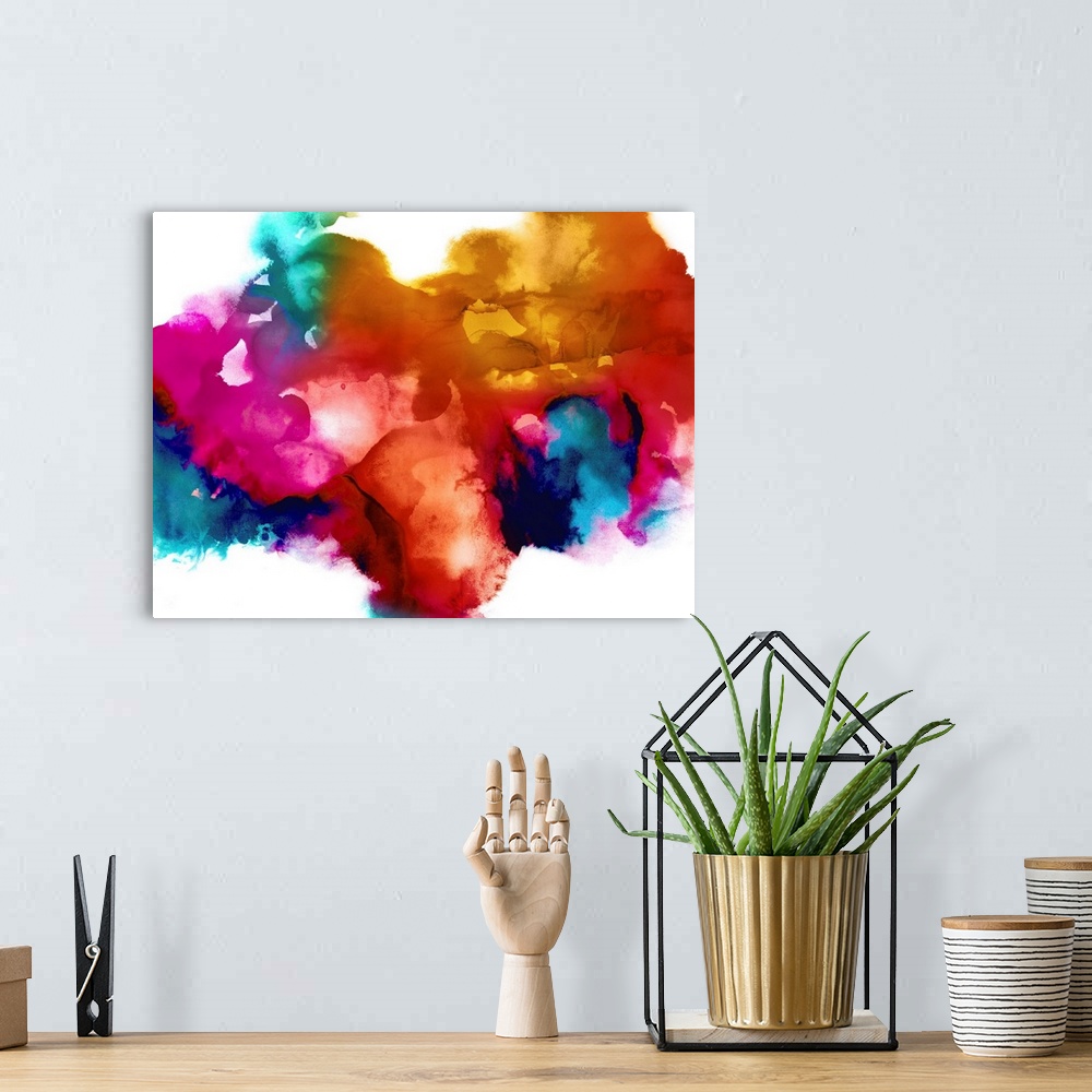 A bohemian room featuring Abstract art with colorful splotches forming together as one design on a white background.