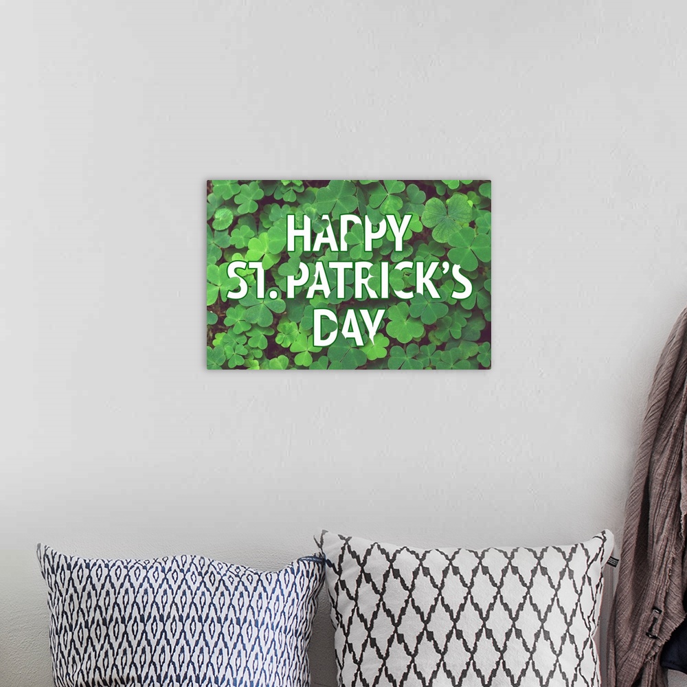 A bohemian room featuring "Happy St. Patrick's Day" with clovers.