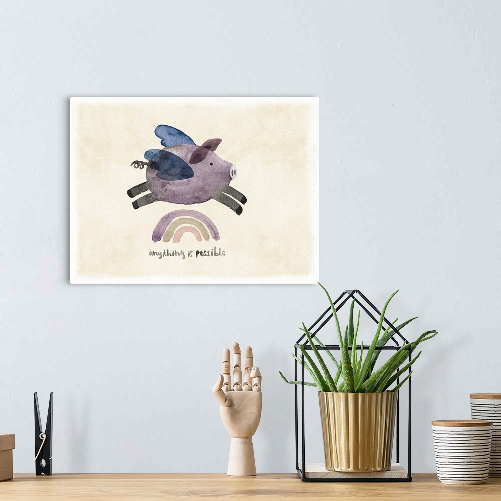 A bohemian room featuring Whimsy abounds in this sweet depiction for a flying pig.