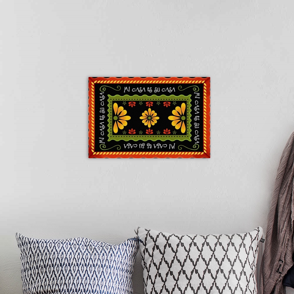 A bohemian room featuring Bold color palette and welcoming message, perfect for home décor