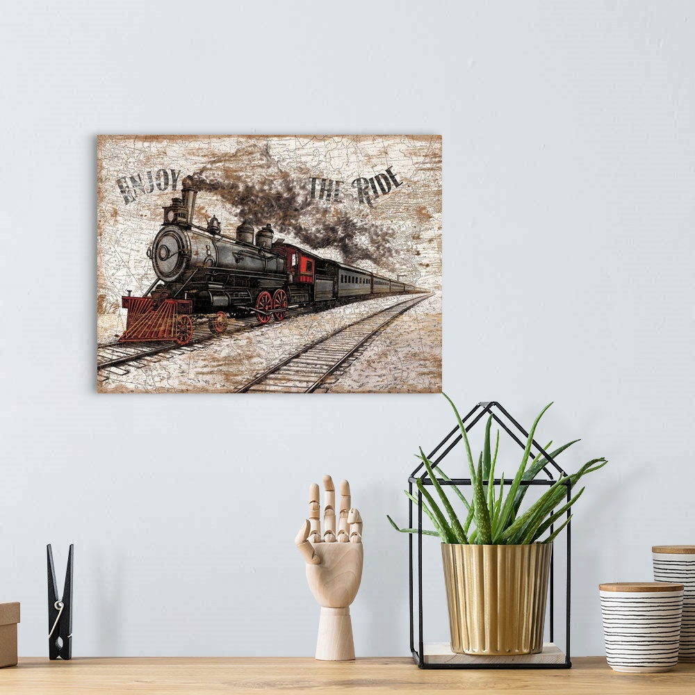 A bohemian room featuring Horizontal, big canvas art of a steam train moving along the tracks, the text "Enjoy the ride" at...