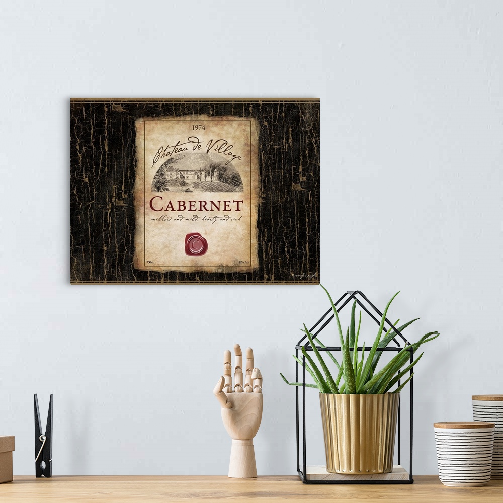 A bohemian room featuring Rustic painting of a wine label.