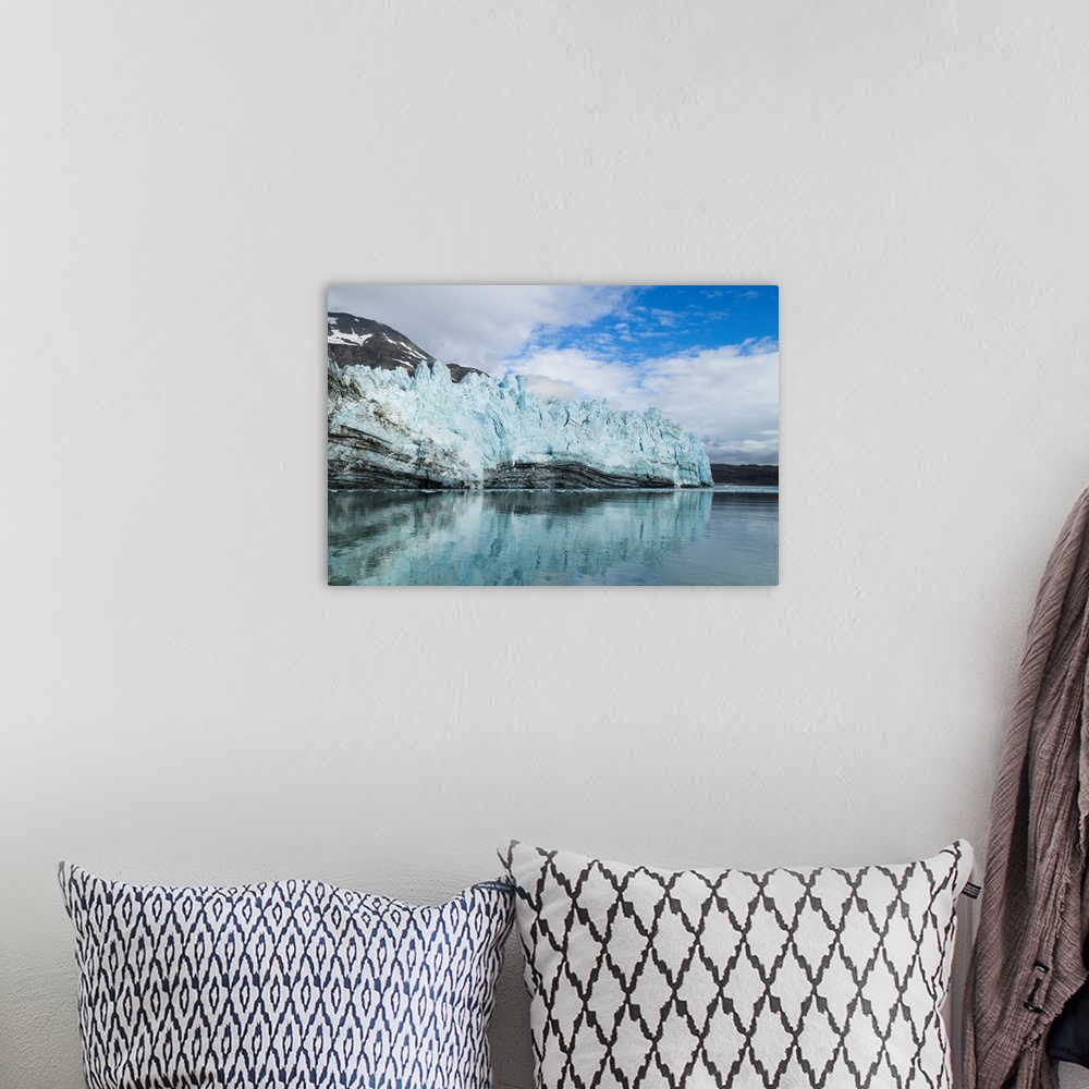 A bohemian room featuring North America, Alaska, Glacier Bay. A close-in view of Margerie Glacier with lateral moraine, dep...